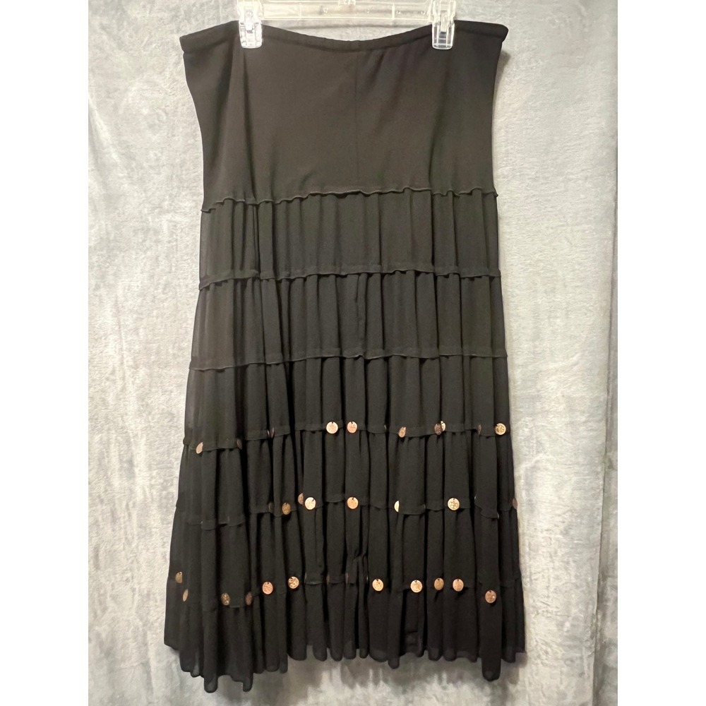 Kaktus XL Black Tiered Midi Skirt Gold Coin Boho Festival Goth Whimsy Stevie
